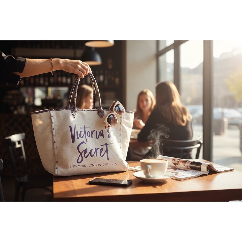 Victoria’s Secret Large Purple Snakeskin Studded Canvas Tote Bag VS - Picture 2 of 15
